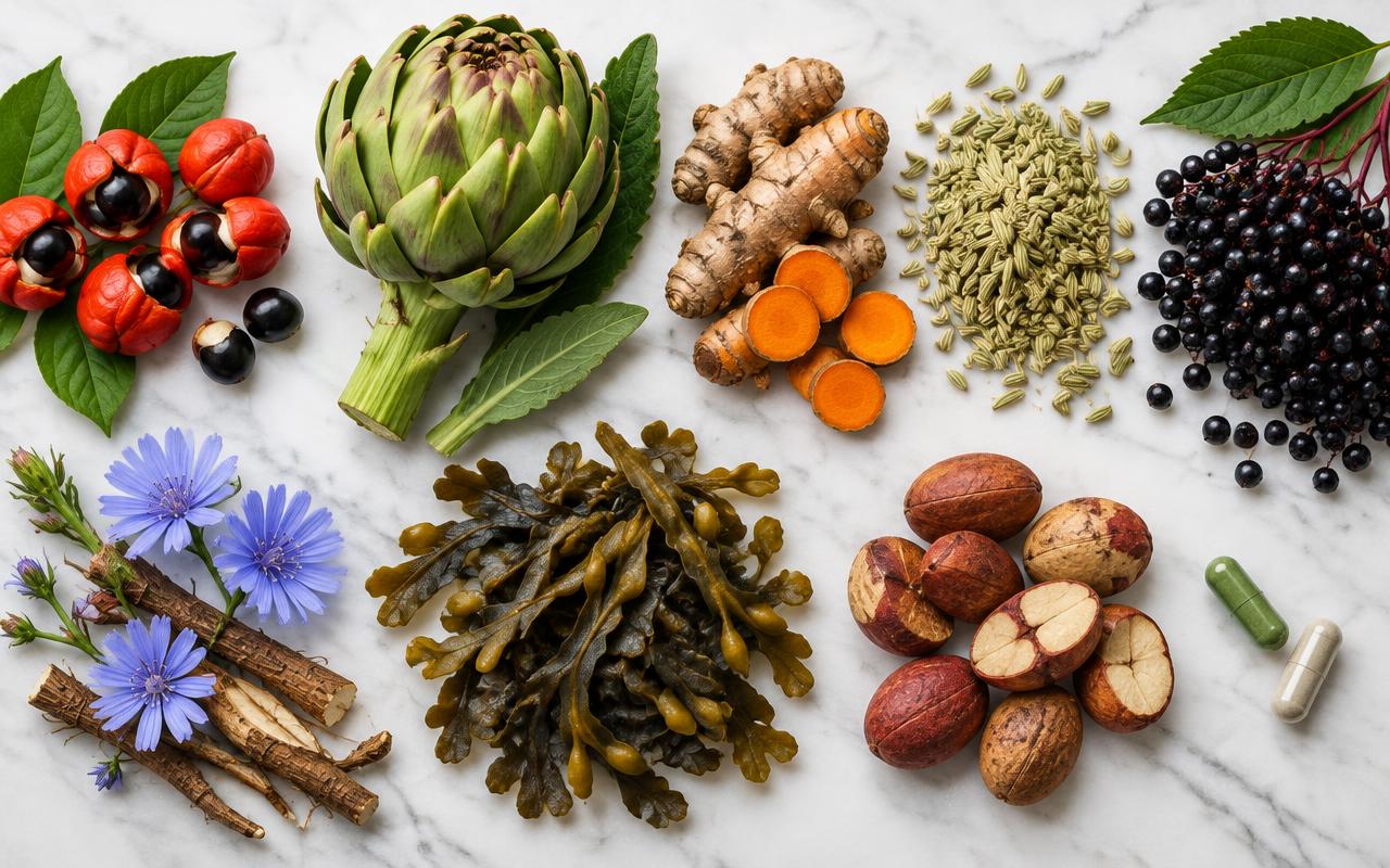 Ingrédients naturels d'ANACA3 Diet : guarana, artichaut, curcuma, fenouil, sureau, chicorée, fucus, cola